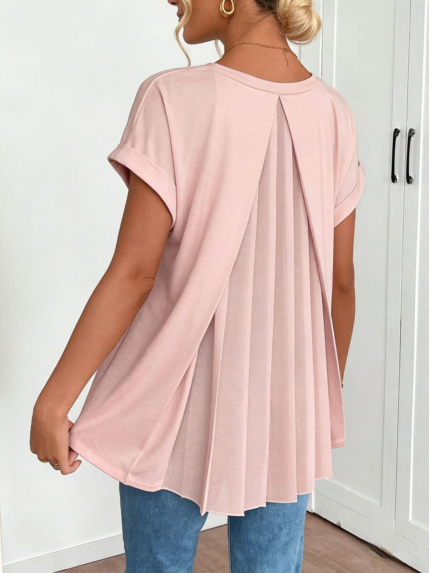 Womens Back Pleated V-Neck Short-Sleeve Top
