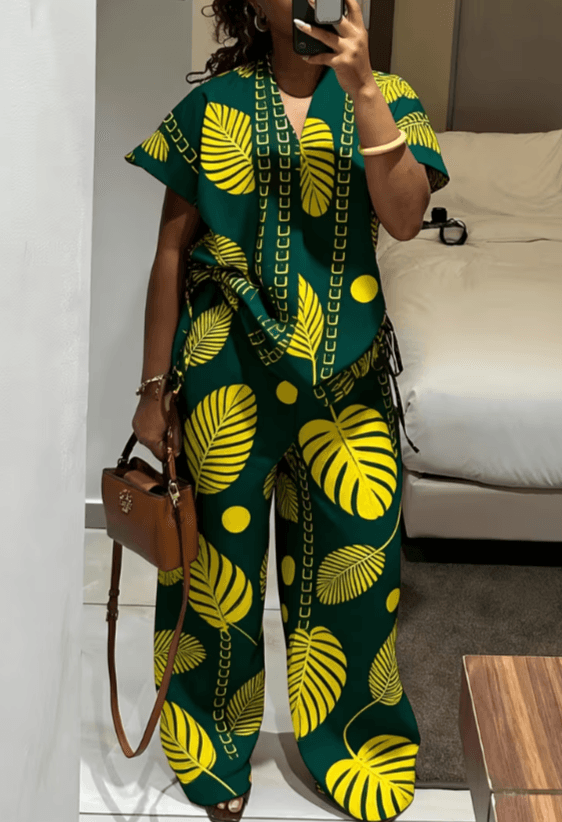 Women's Tropical Vacation Style Printed Short-Sleeve Wide-Leg Pants Set