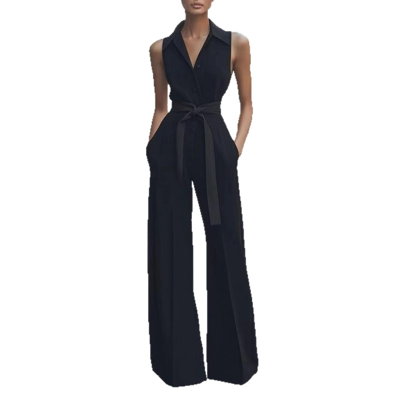 Fashionable Solid-color Wide-leg Jumpsuit With A Shirt Collar