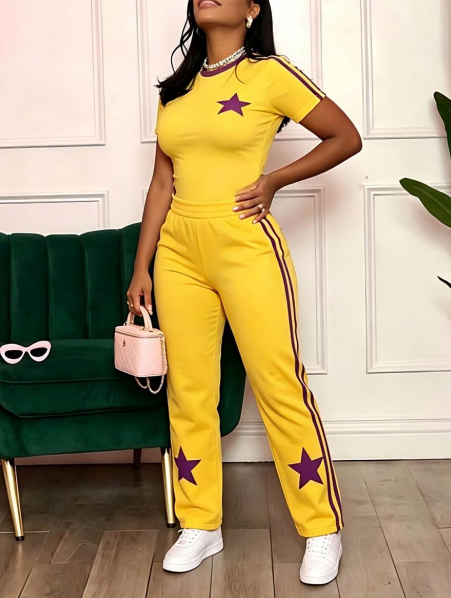 Yellow Purple Star Print Short Sleeve Top And Wide Leg Pants Two Piece Tracksuit