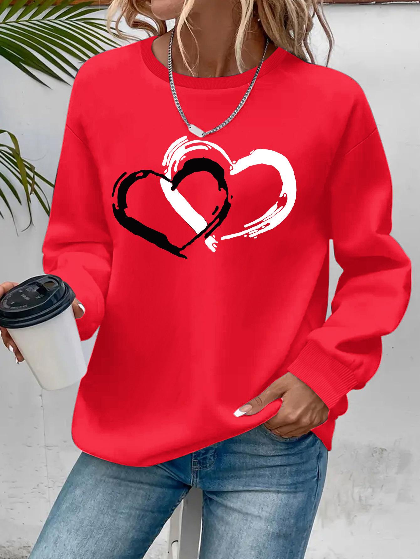 Heart Shape Printed Crew Neck Casual Sweatshirt Women's Clothing