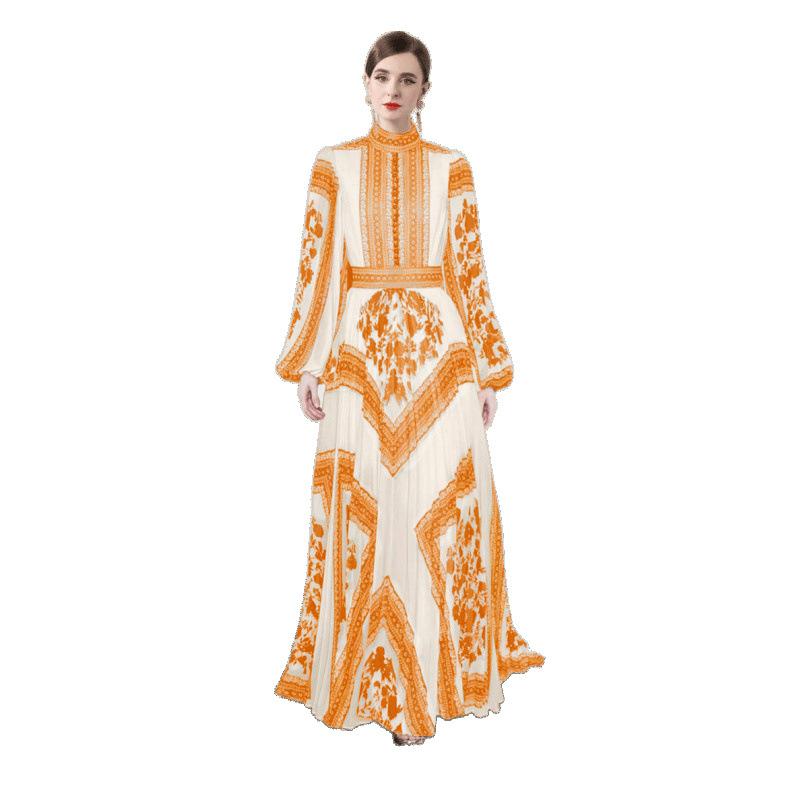 European And American Elegant Stand-up Collar Puff Sleeve Positioning Printed Waist-controlled Pleated Puffy Long Dress