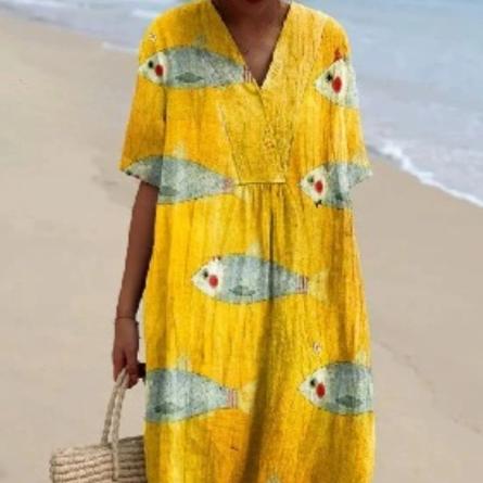 V-neck Digital Printing Pleated Large Version Dress