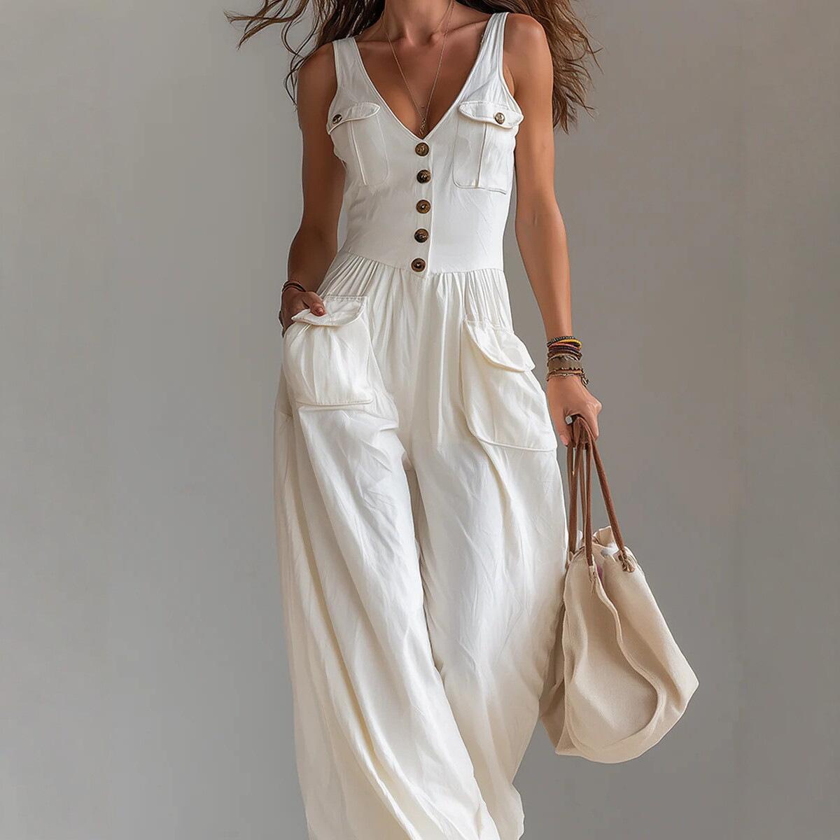 Casual Sleeveless Wide-leg Jumpsuit With Patch Pockets