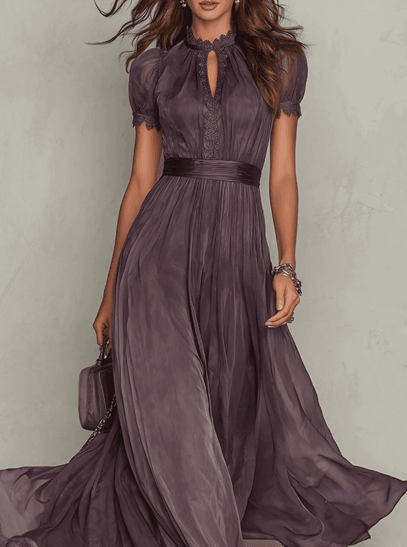 2026 Summer New Dark Purple High Collar Lace Edge Waist Short Sleeve Big Swing Chiffon Long Dress