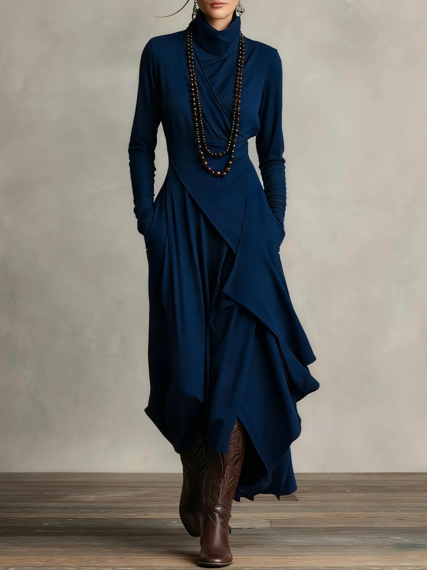 Solid Color Long Sleeve Cross Wrap High Neck Maxi Dress