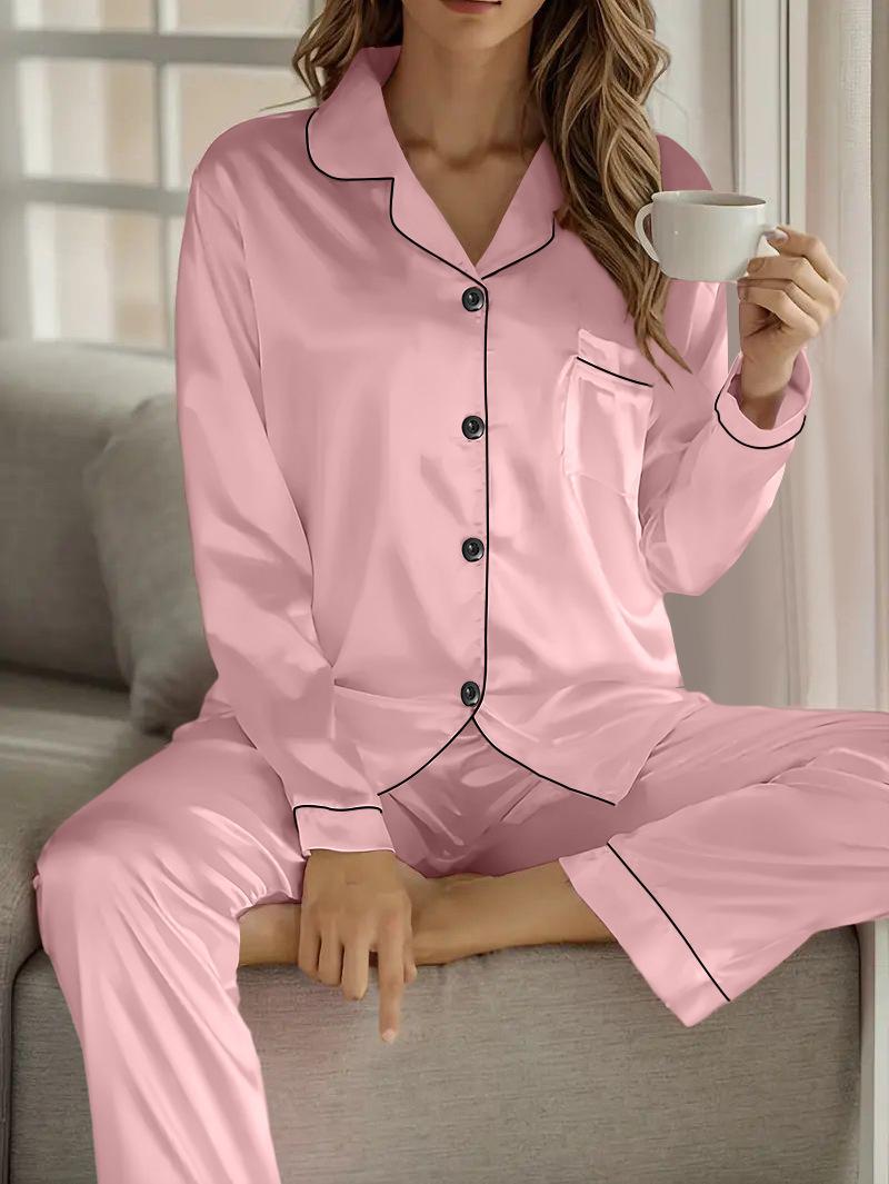 Solid Color Pajamas Set Long Sleeve Button Polo Collar Top And Pants