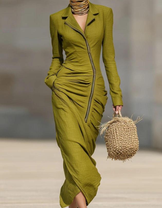 Zippered Pleated Casual Long-sleeved Dress