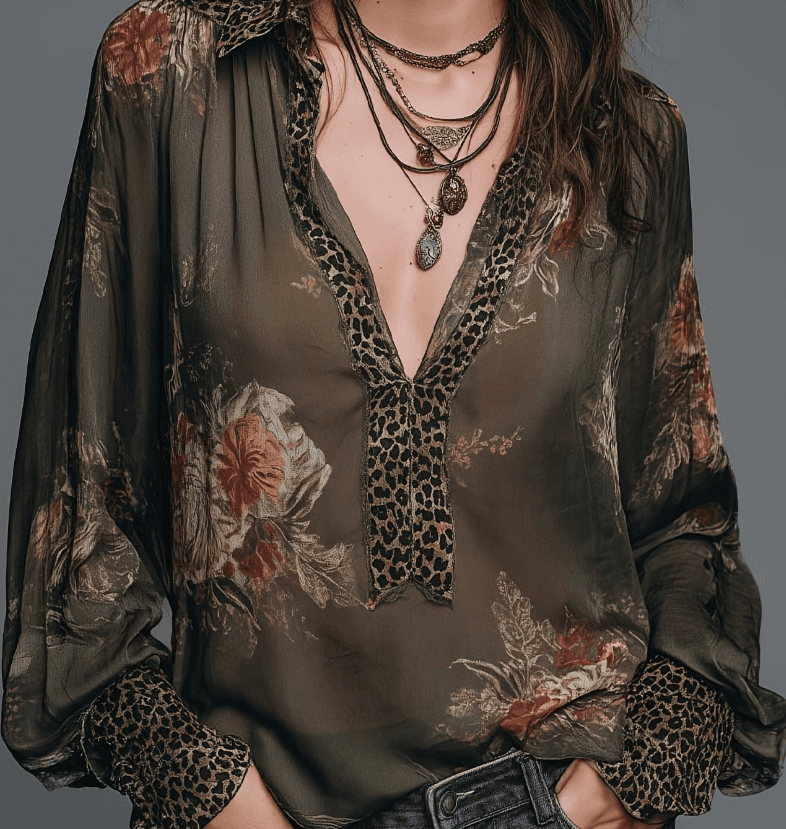 Women's Bohemian Retro Patchwork V-Neck Loose Long-Sleeved Top