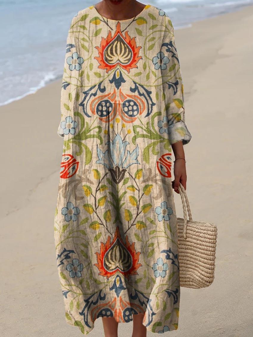 Digital Printing Large Width V-neck Long-sleeve Dress