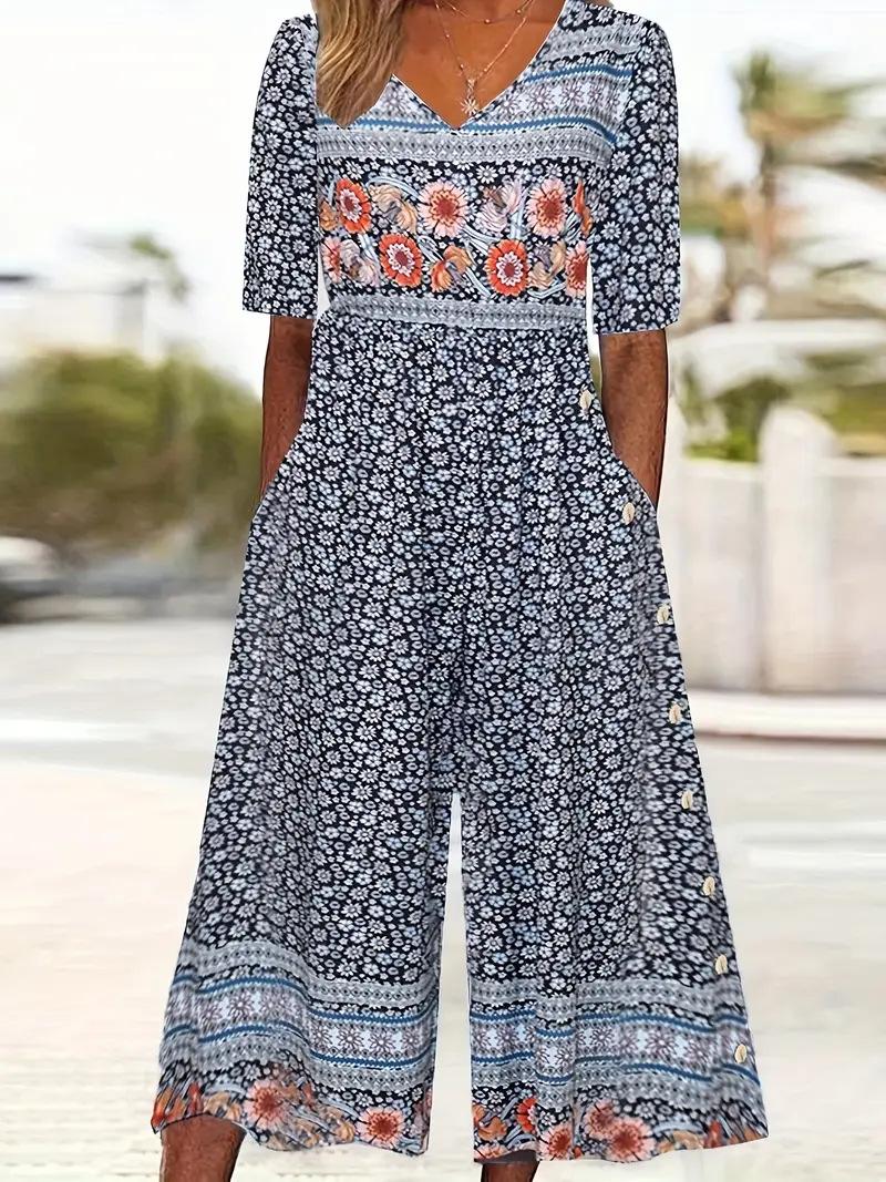 Spring And Summer Print Women's Pocket Collar Jumpsuit