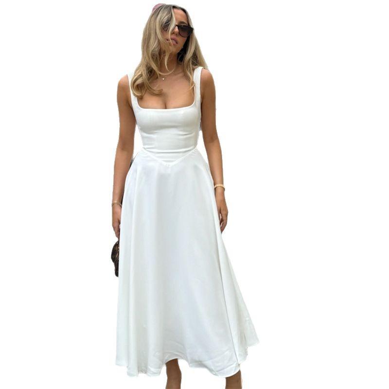 Square-neck Sleeveless Waist Trimming Sling Dress