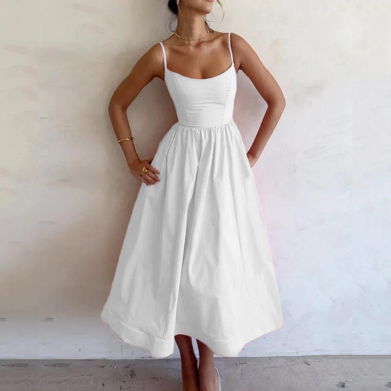 New Summer Women  Fashion Cross-Border European And American Dress Sexy Waist-Tied Pleated Solid Color Flared Spaghetti Strap Dress