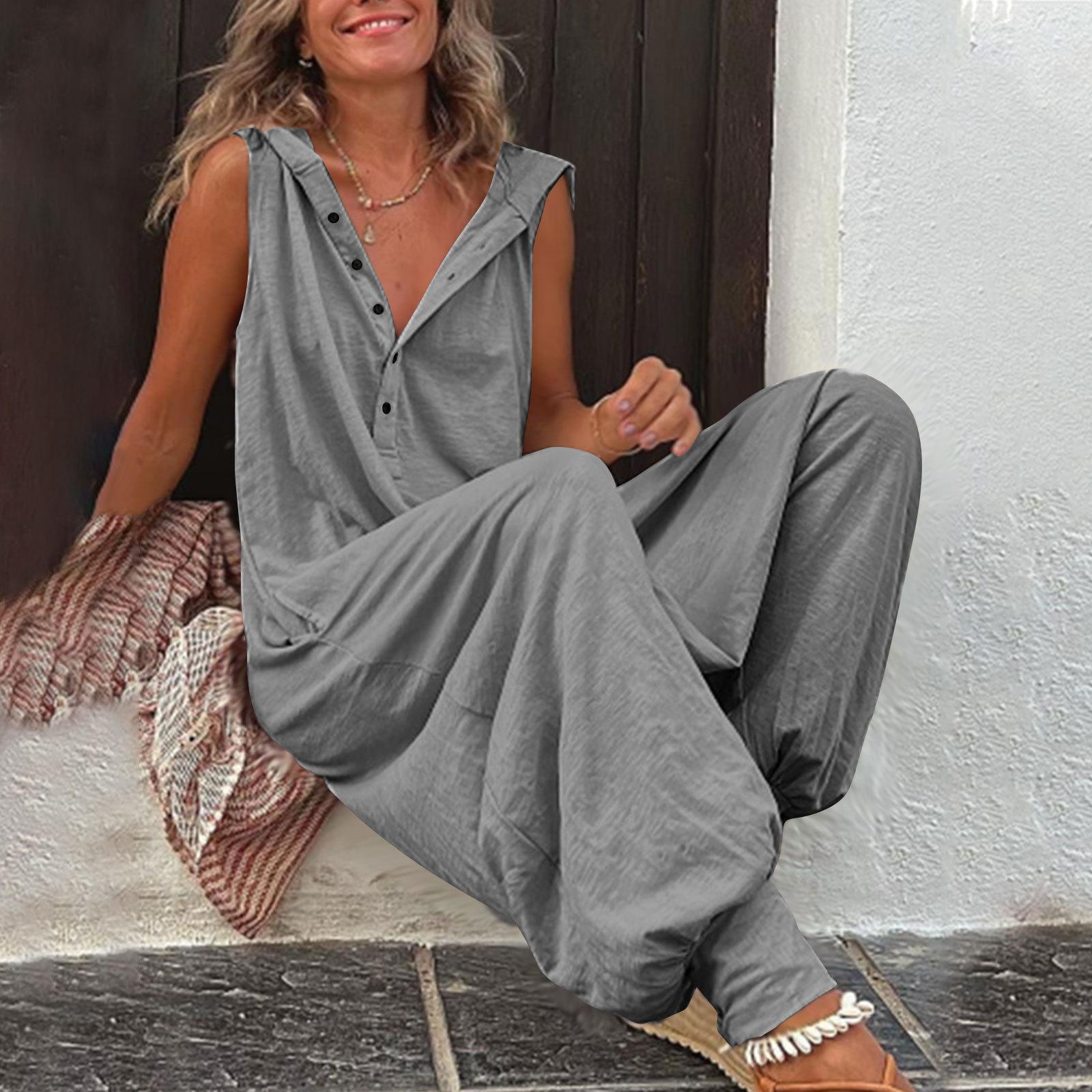 Buttoned Hooded Sleeveless Pants For Women