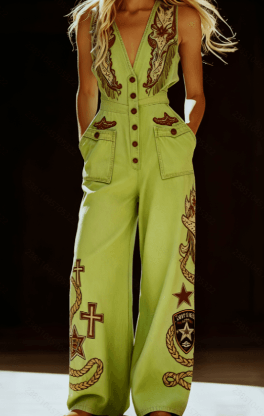 Sleeveless V-neck Single-breasted Wide-leg Jumpsuit