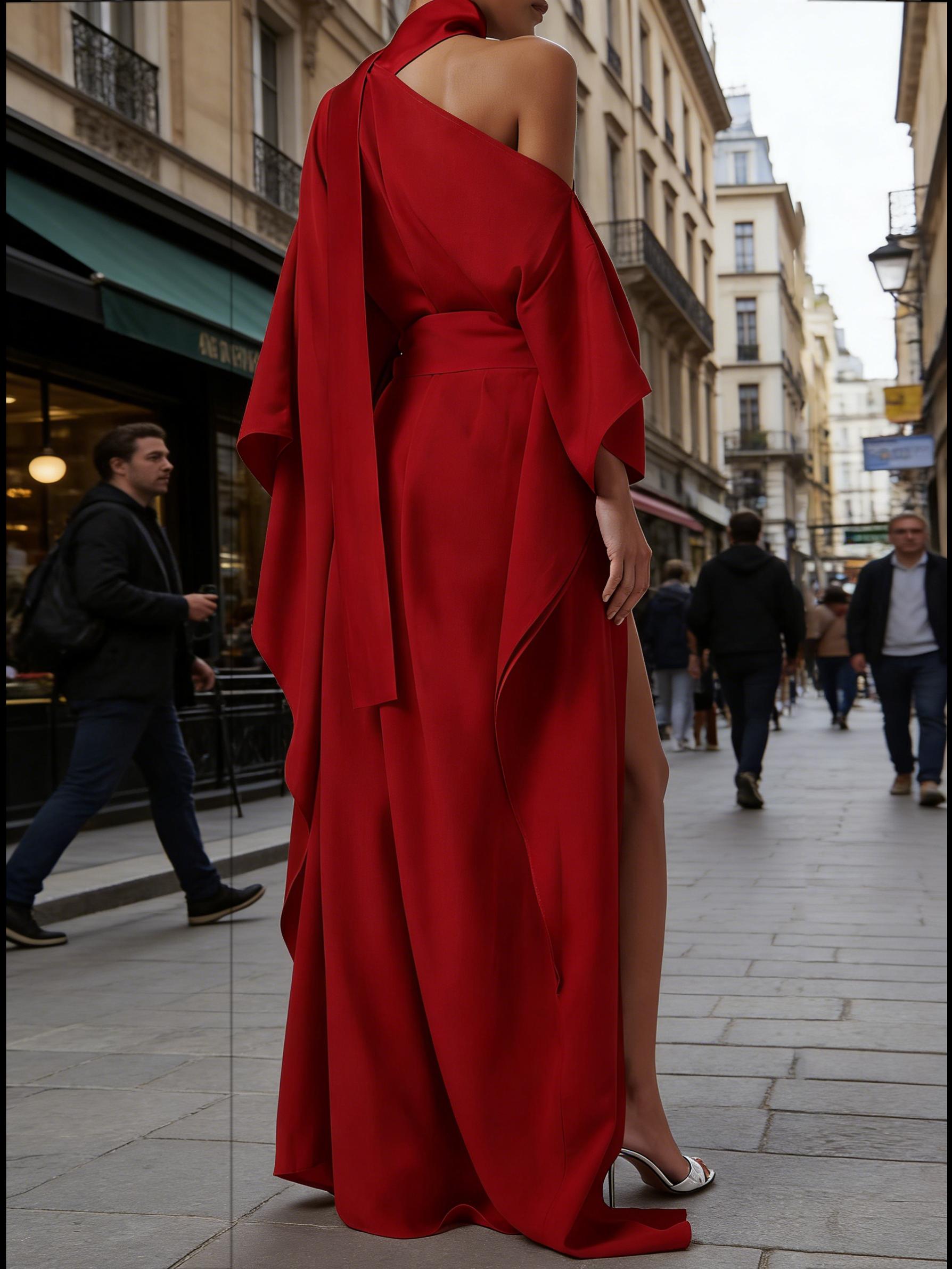 Red One-Shoulder Turtleneck Wide-Belt Slit Maxi Gown