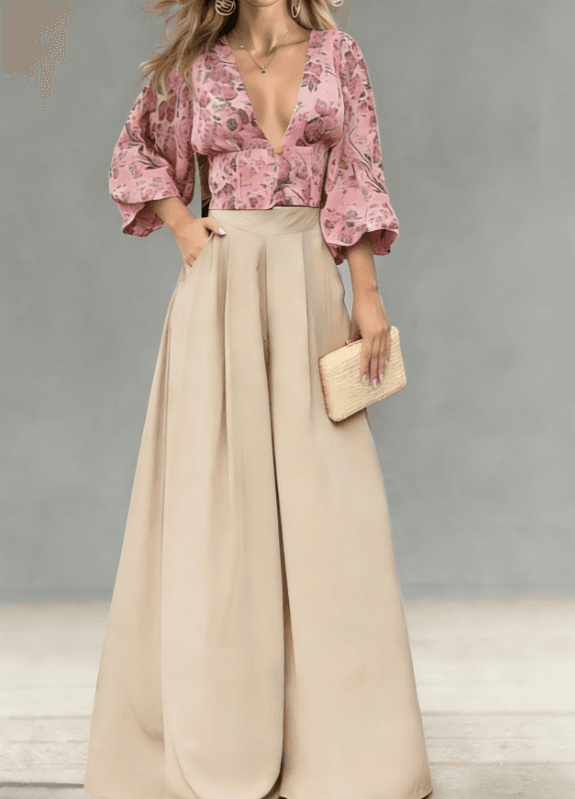 V-neck Puff Sleeve Top Wide-leg Pants Two-piece Set