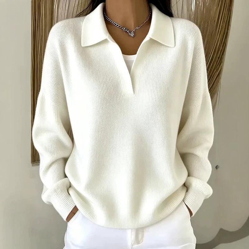 Turn-down Ribbed Knit Sweater Loose-fitting Figure-flattering Casual V-neck Pullover