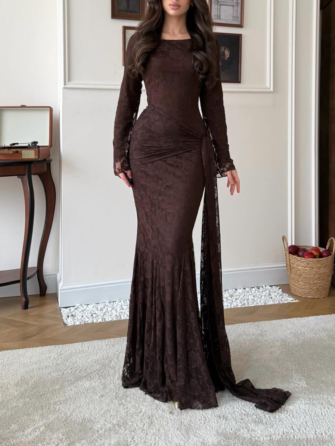 Ark Brown Lace Long Sleeve Mermaid Train Gown