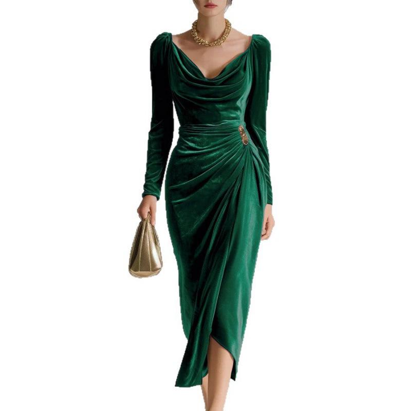 Long Sleeve Pleated Long Slit Velvet Sheath Dress