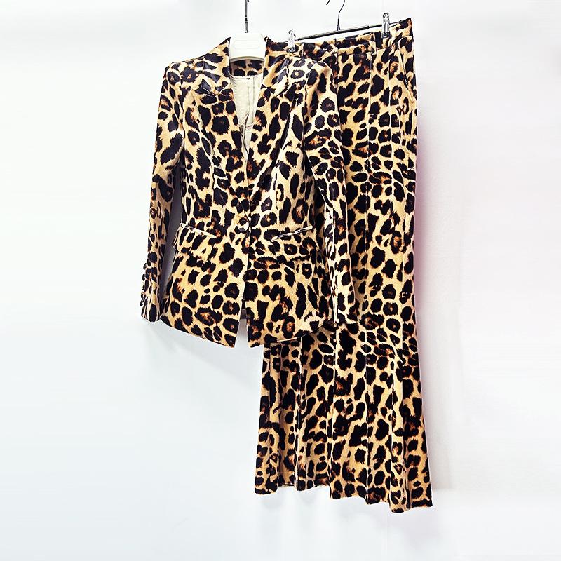 Leopard Print Single Button Blazer & Flared Floor Pants 2-Piece Suit Set