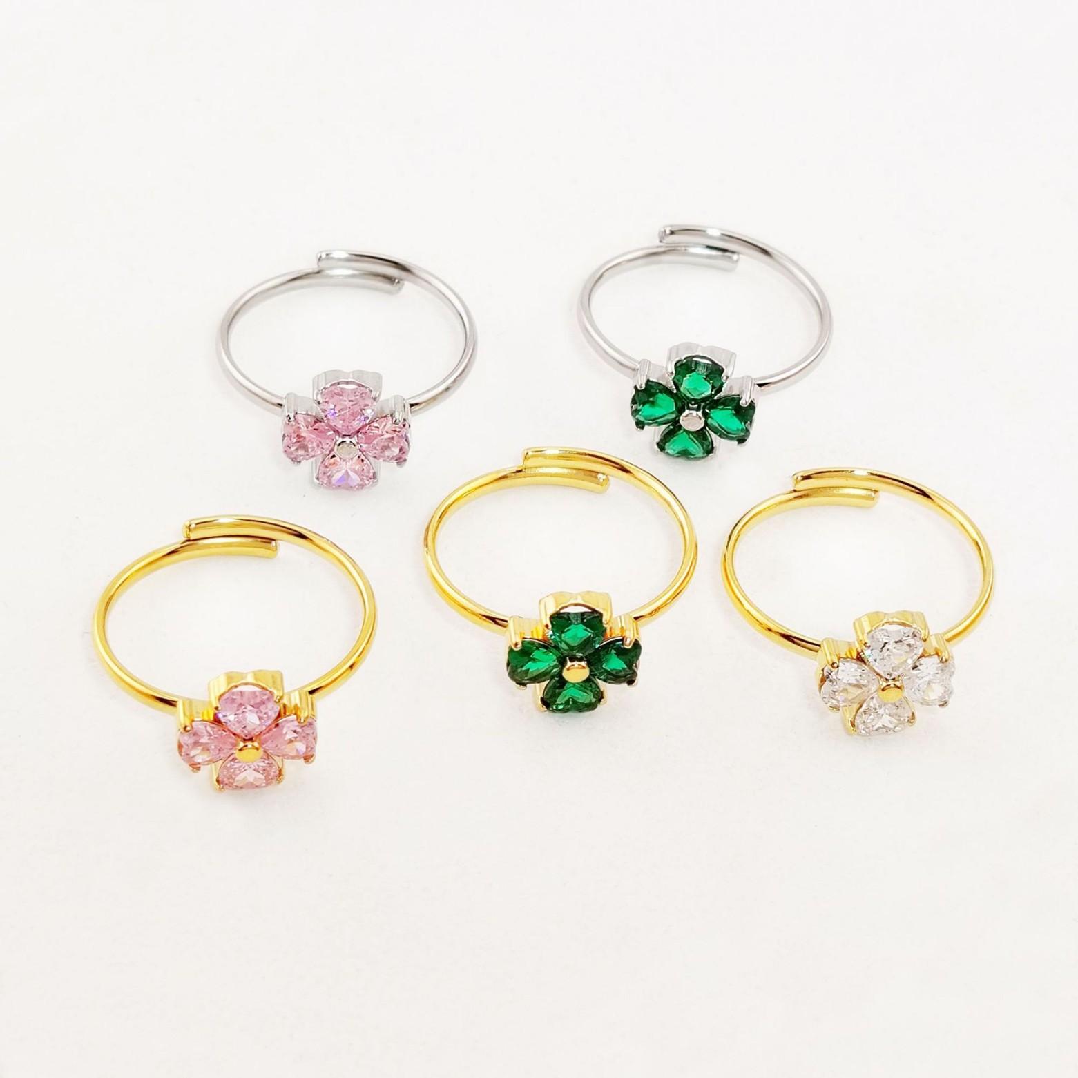 Stainless Steel Flower-shaped Zircon Adjustable Ring For Women