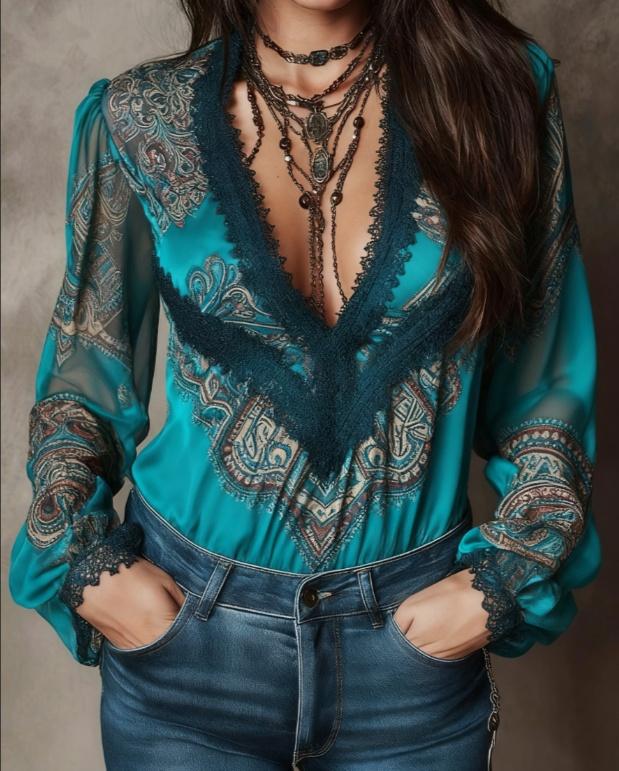 Retro Paisley Print V-neck Lace Puff Sleeve Women's Shirt Top