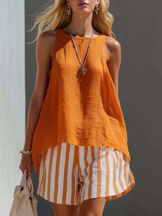 Summer-style Textured Sleeveless Top And Striped Shorts Set