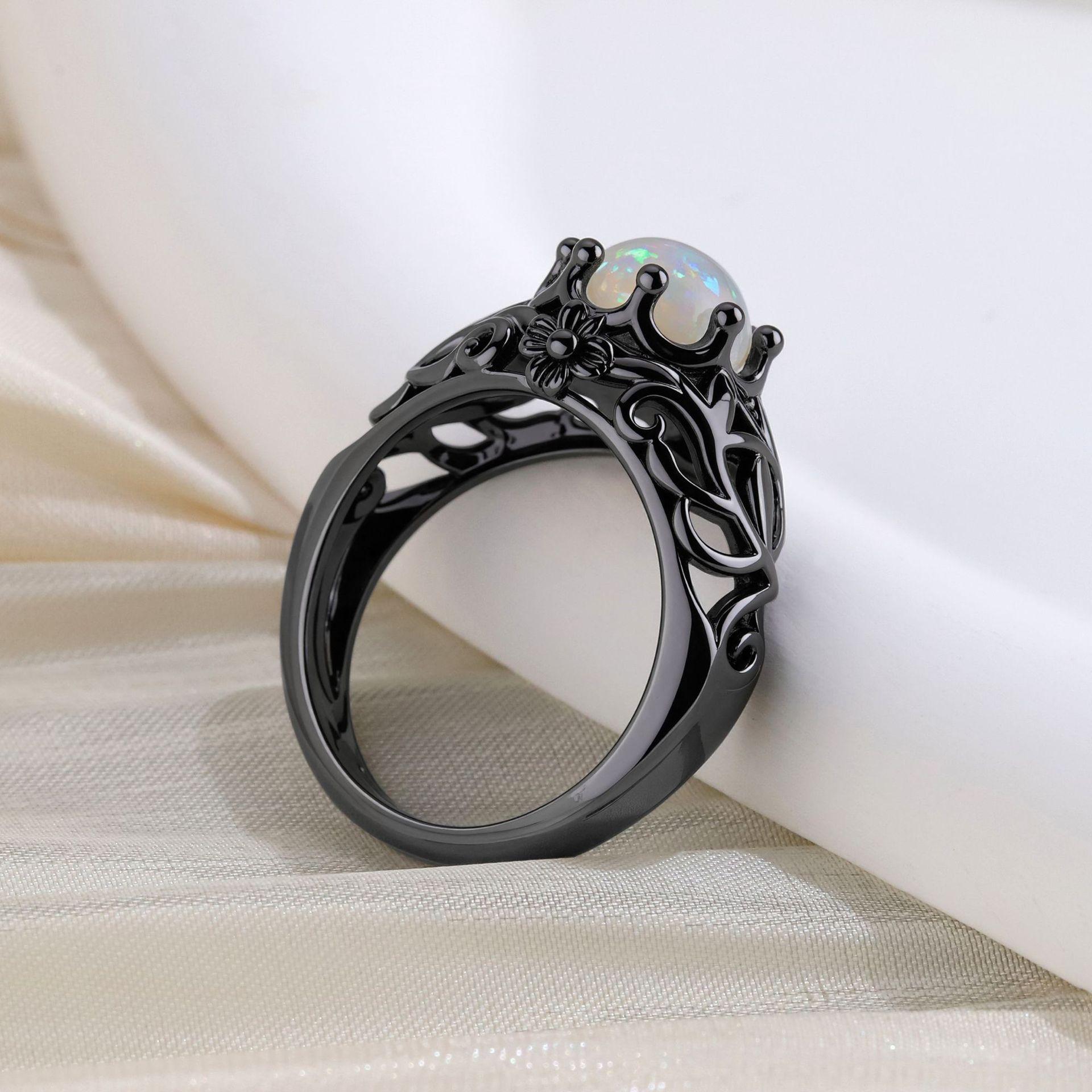 Dark Punk Style Thorn Cutout Gun Black Faux Opal Ring
