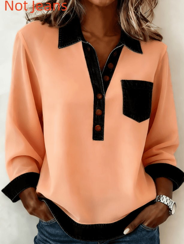 Denim Patchwork Collar Button-down Casual Long-sleeved Top