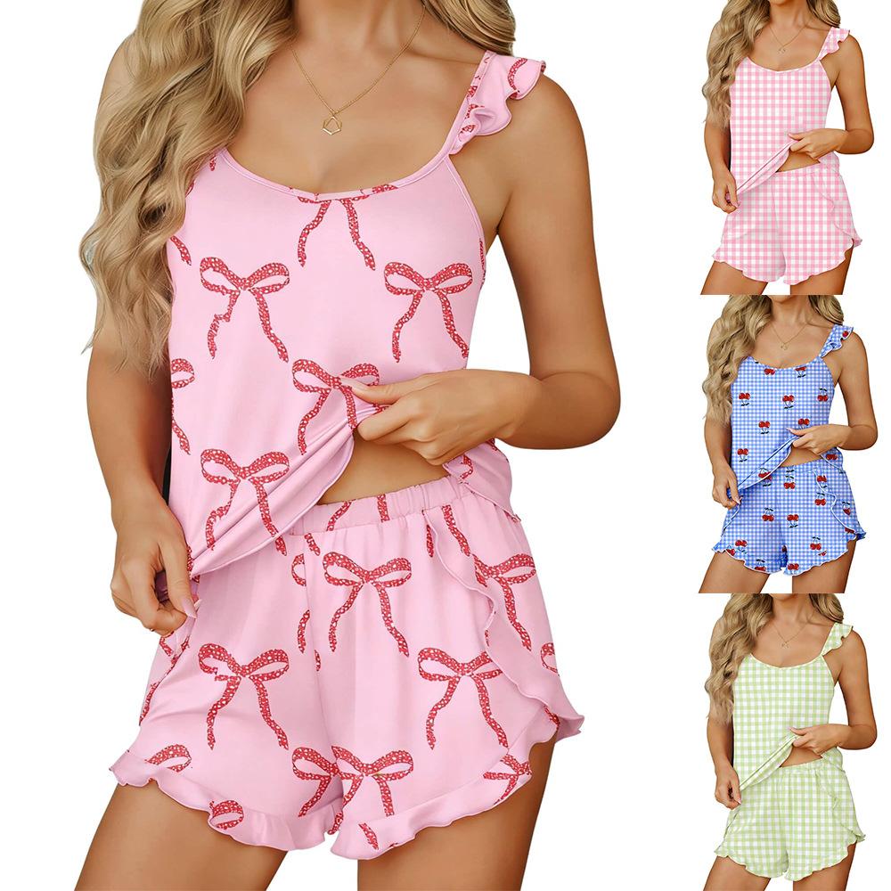 Bow-printed Camisole And Shorts Pajama Homewear Set