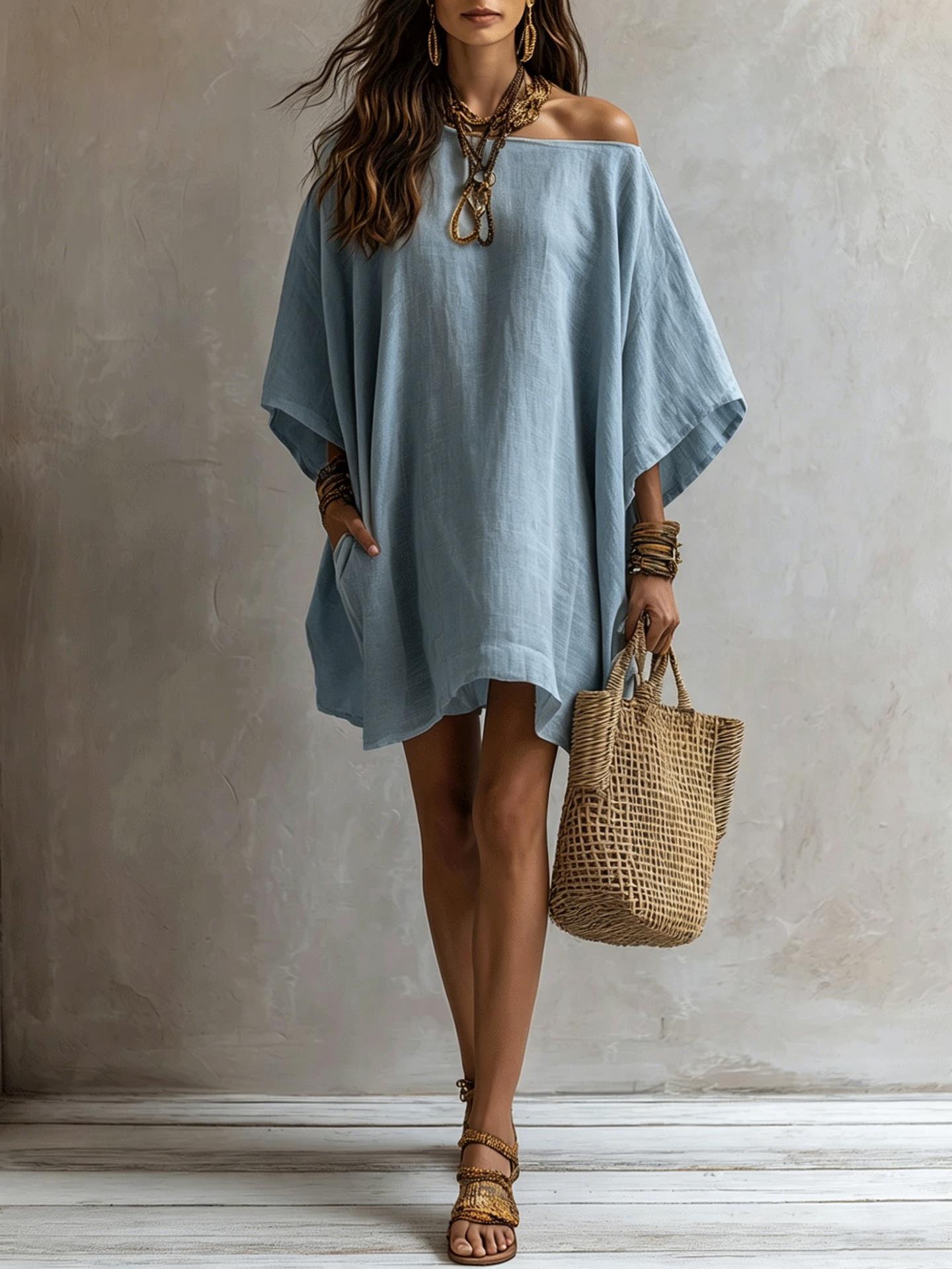 Off-shoulder Loose-fitting Batwing-sleeve Dress For Women