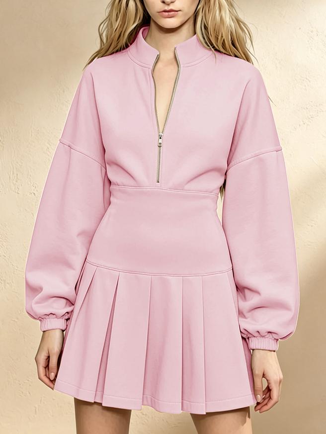 Gray Half-zip Waist-cinching Pleated Hoodie Dress