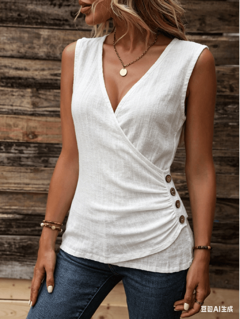 Women's Linen Blend V-Neck Wrap Tank Top