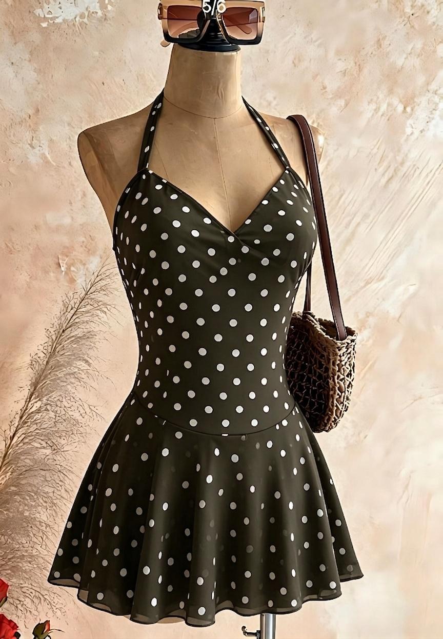 Brown White Polka Dot Halter V Neck Flared Skort Mini Dress