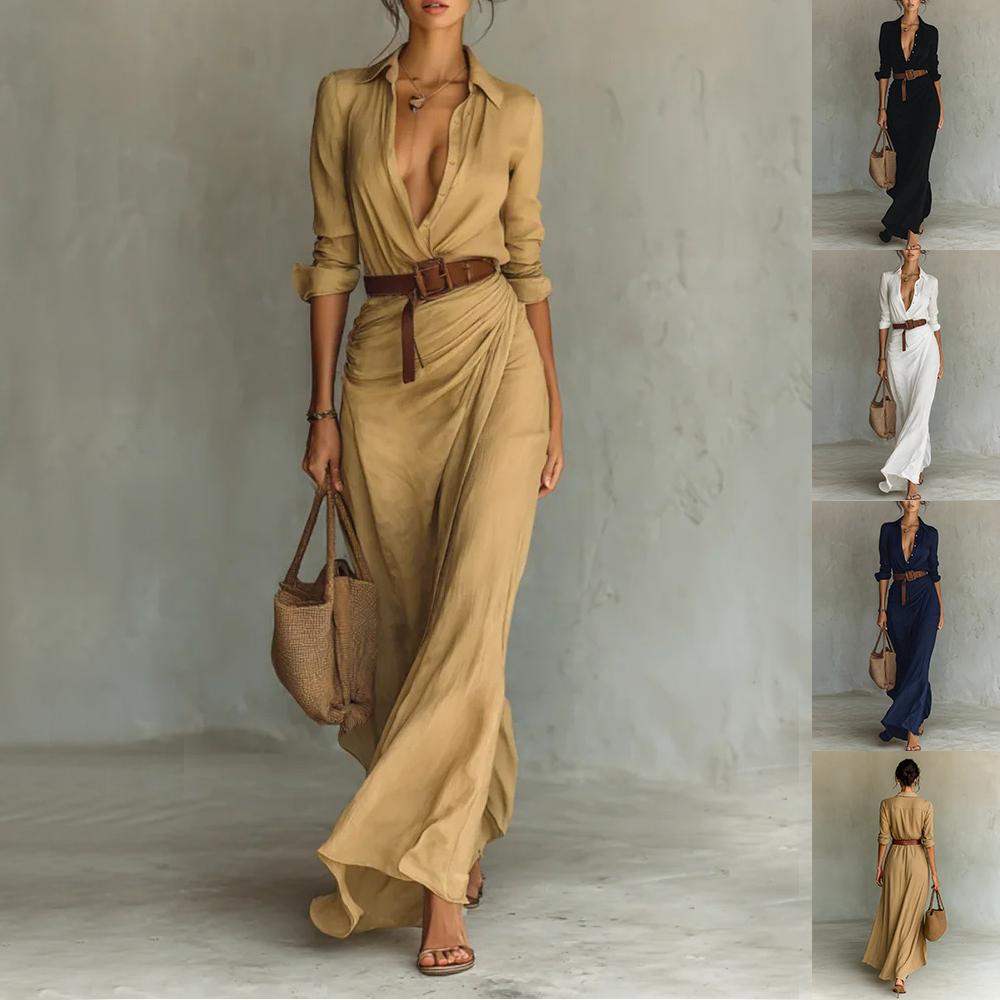 Irregular Long Dress With Belt Fashion And Elegant Button Lapel Long-sleeved Shirt Dresses Daily Office Commuting Clothing For Women