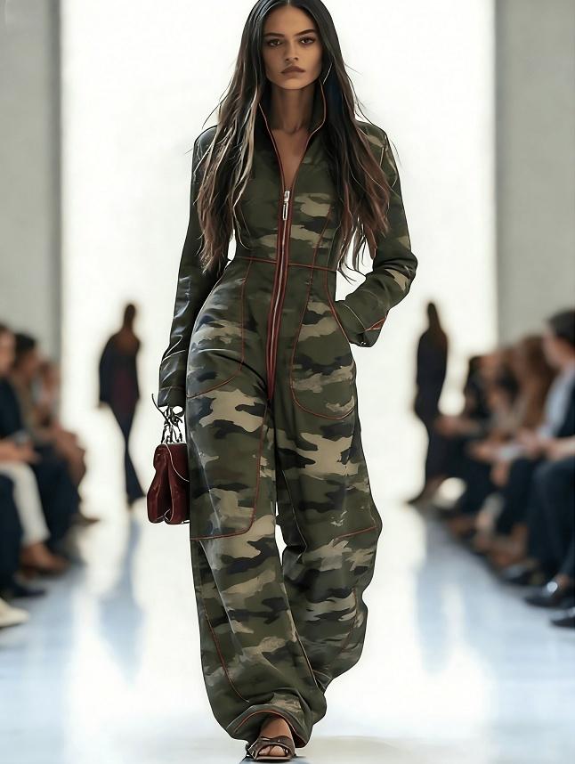 Zippered Long-sleeved Casual Wide-leg Jumpsuit