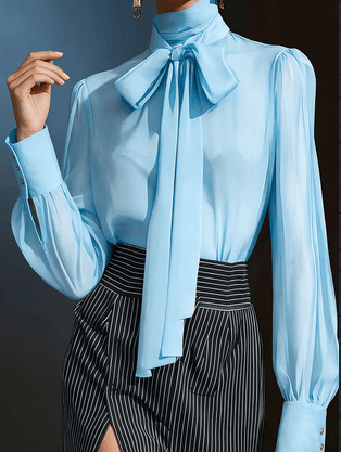 Women's High-neck Puff-sleeved Blouse With Tie