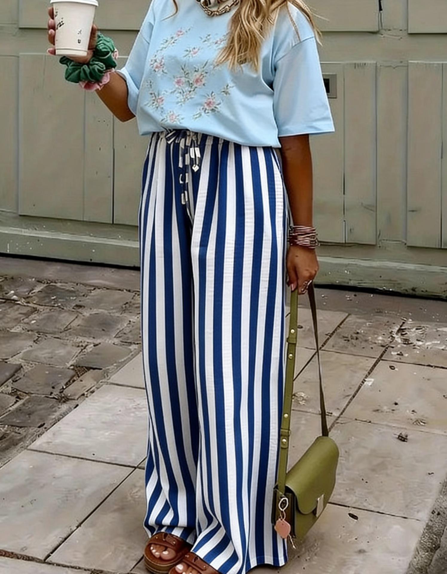 Women's Loose Casual Contrast Striped Printed Straight Trousers