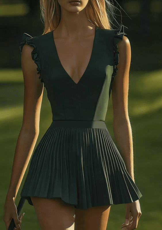 V-neck, Ruffled Trim, Fitted Waist, Pleated French-style Short Dress