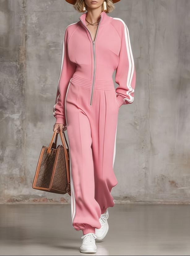 Stand Up Collar Zipper Striped Wide Leg Jumpsuit