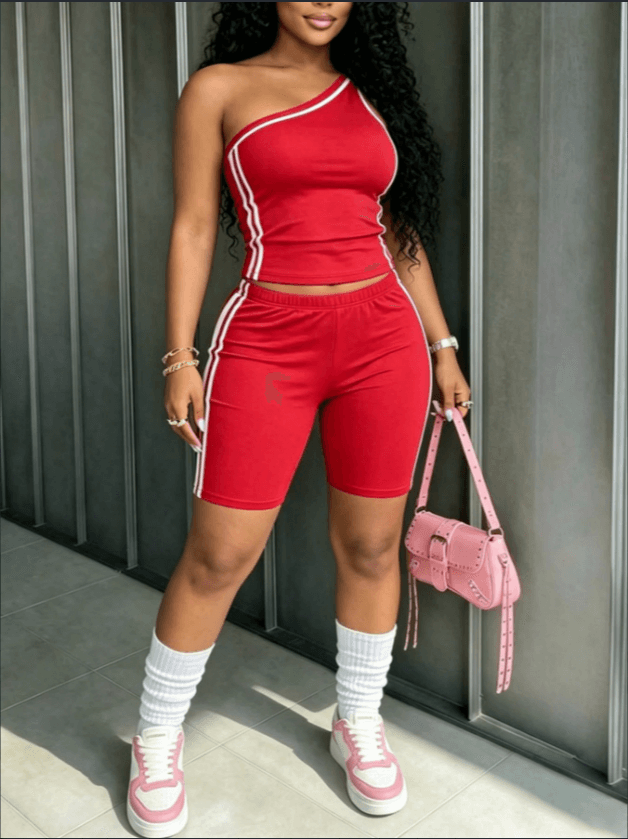 Red White Stripe One Shoulder Crop Top And Biker Shorts Two Piece Outfit Set