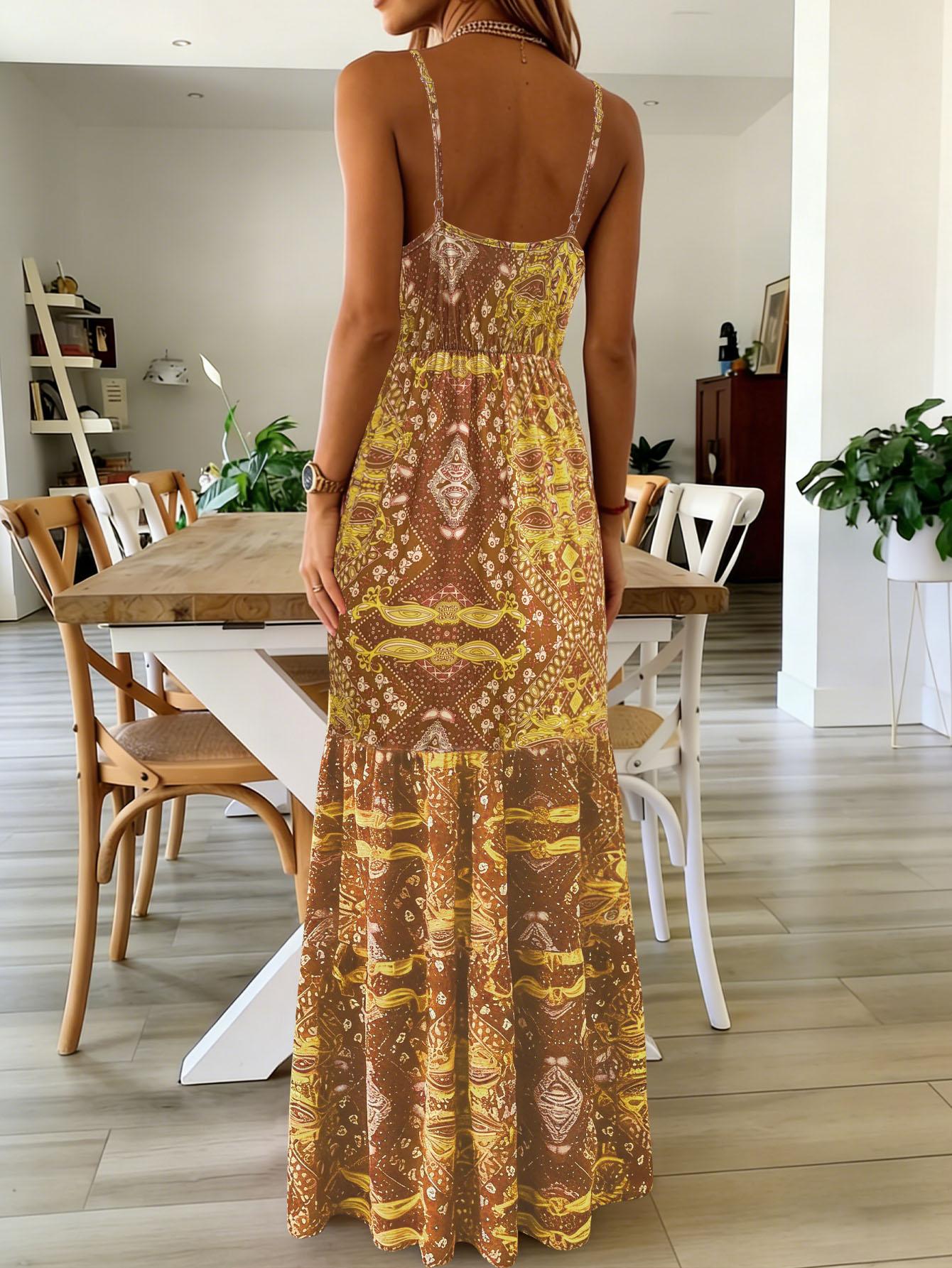 Plus Size Women's Boho Floral Print Spaghetti Strap Maxi Dress, High Waist V Neck Bohemian Long Dress