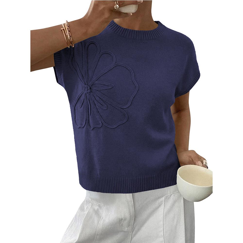 Solid-color Jacquard Womens Knitted Short-Sleeve Flower Sweater