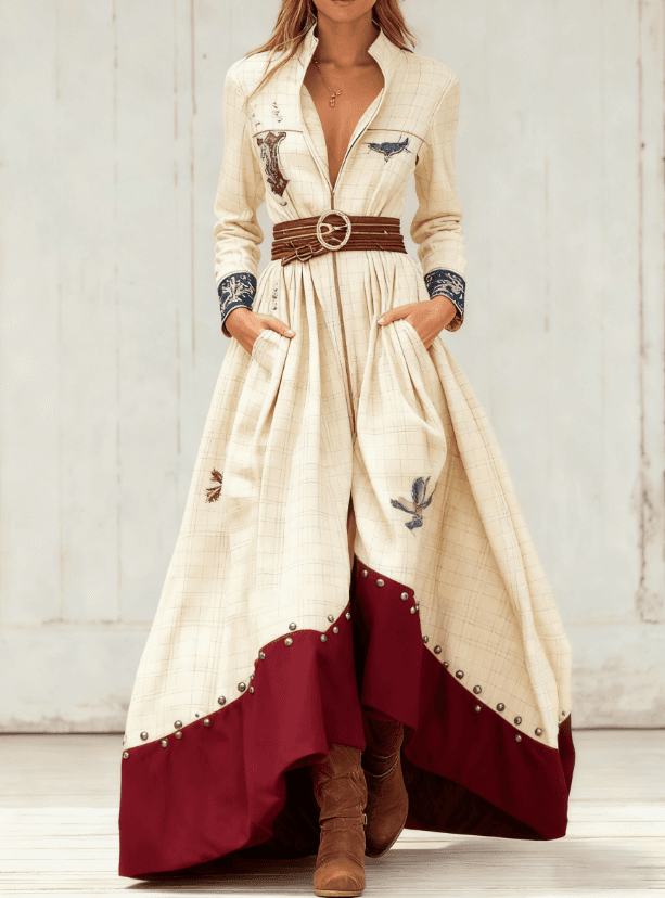 Casual Retro Color-blocked Waist-cinching Long Dress