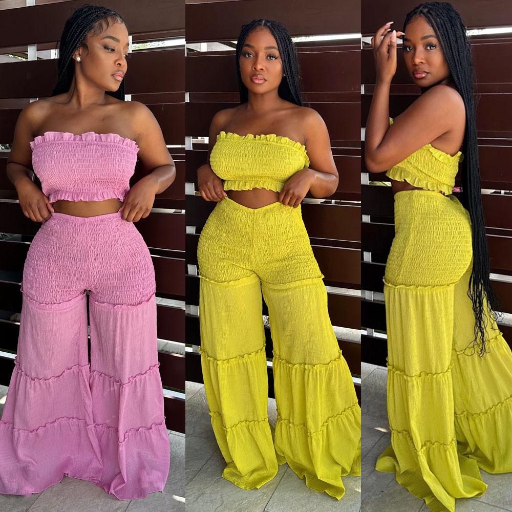Smocking Wooden Ear Stitching Strapless Pants Two-piece Suit