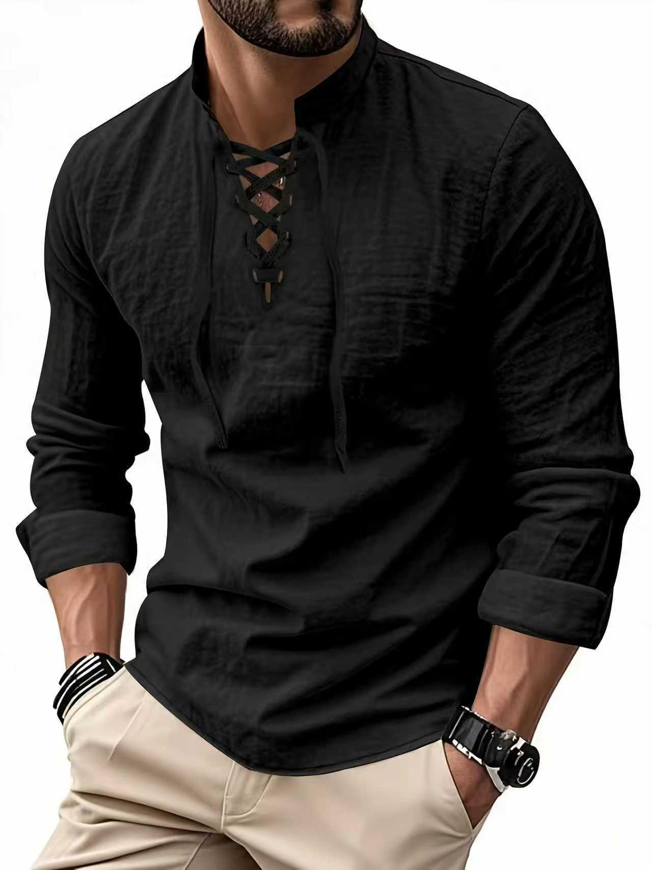 Long-sleeve Cotton-linen Open-chest Drawstring Shirt Men's Shirt Polo Shirt