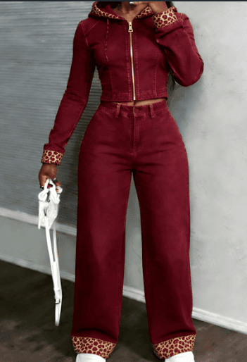 Color-blocking Leopard Print Spliced Denim Hooded Cropped Top Wide-leg Pants Two-piece Set