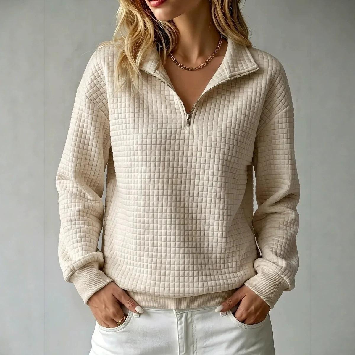 Loose-fit Waffle-knit Stand-collar Zip-up Long-sleeve Womens Sweatshirt