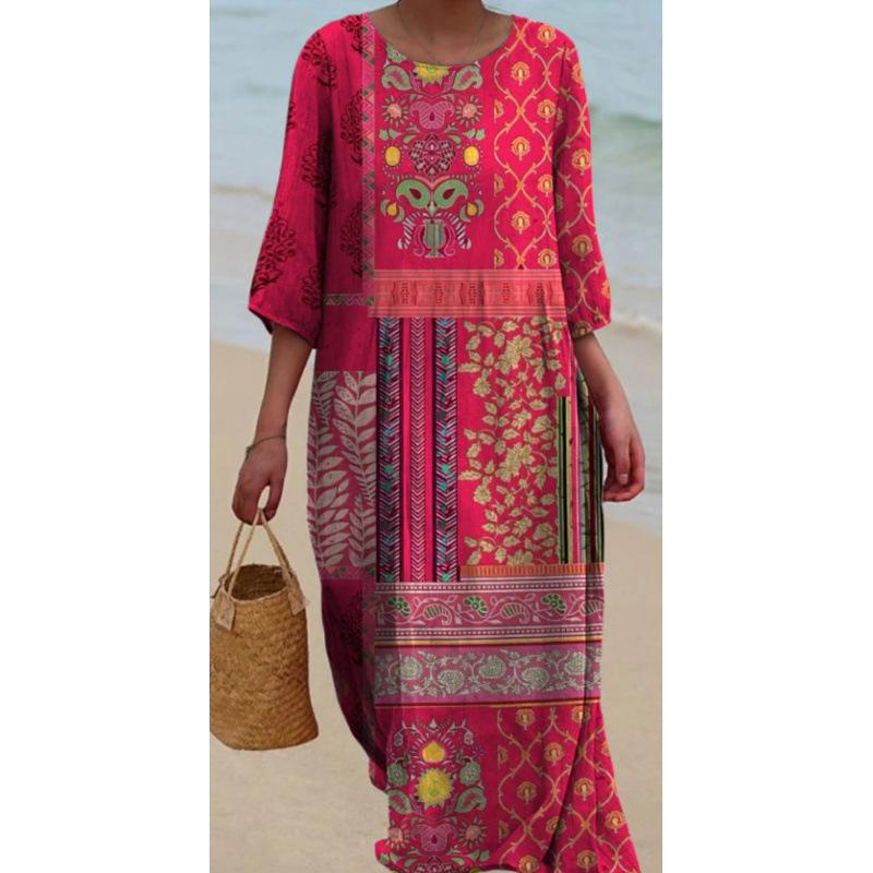 Women's Loose Casual Floral Pattern Cropped Long Sleeves Dress